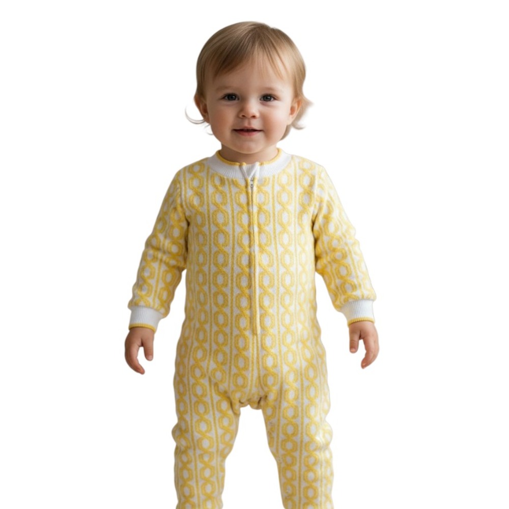 Vtg HEALTH-TEX Stantogs Romper Zip-Up YELLOW CHAIN PRINT Long Leg/Sleeve 18M